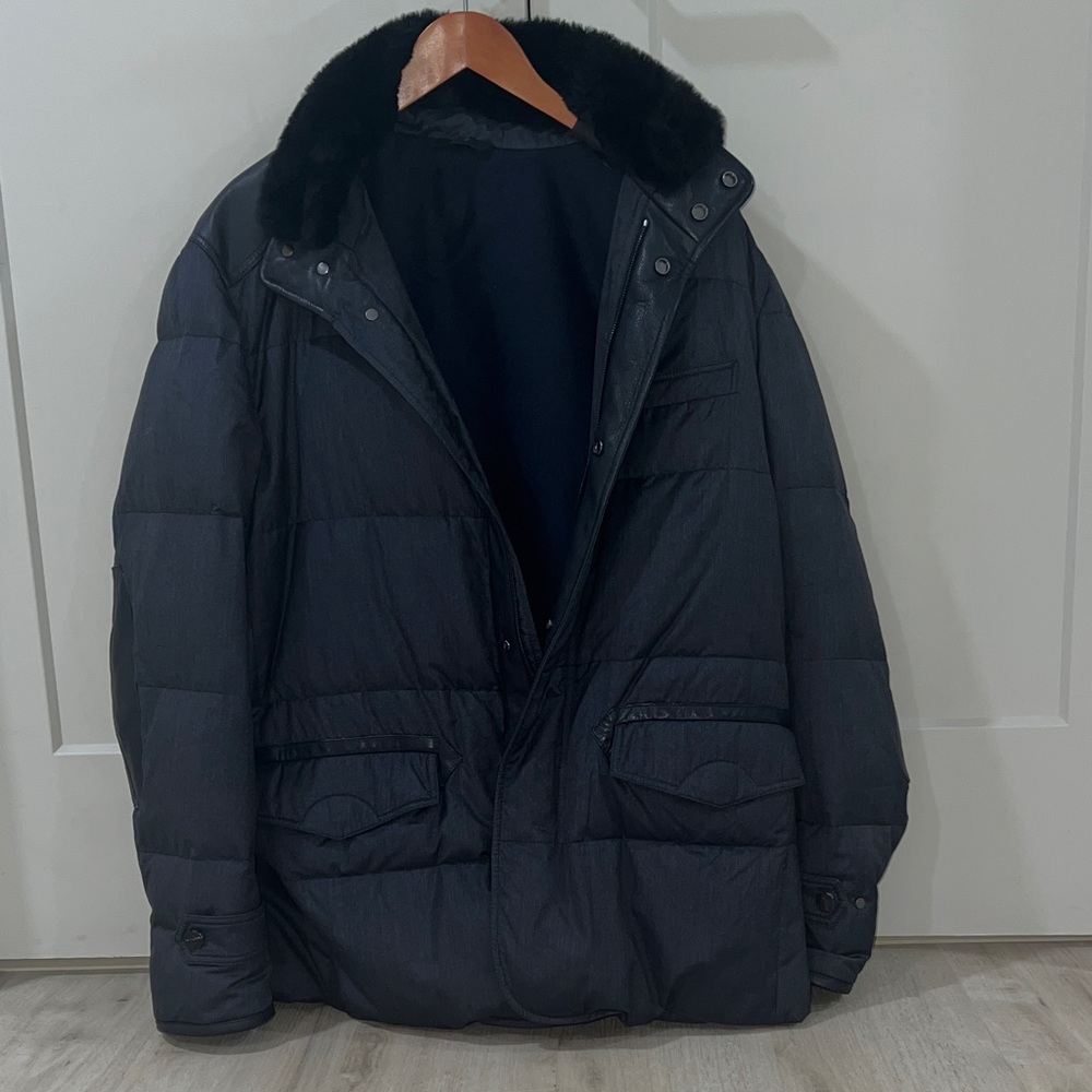 Brioni Charcoal Puffer Jacket with Black Fur Trim